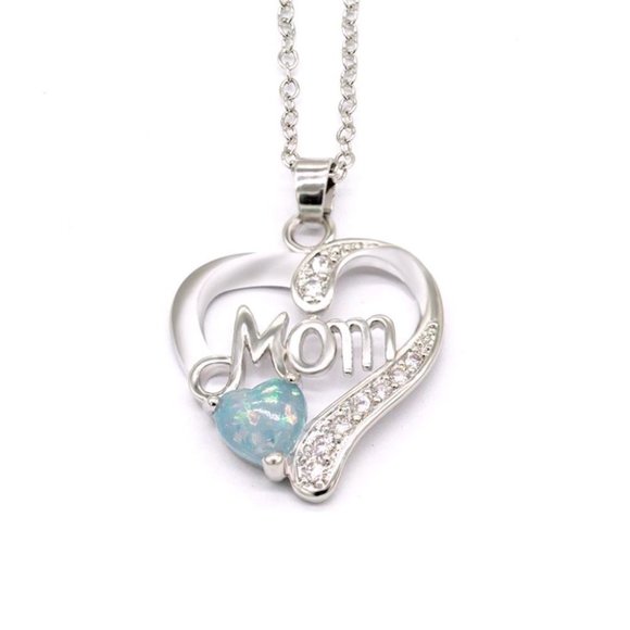 New 925 Silver Sim. Diamond Opal Mom Heart Necklace - Picture 2 of 3